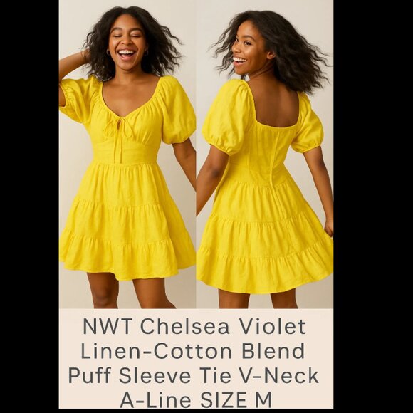 NWT Chelsea & Violet Linen Cotton Blend Puff Sleeve Tie V-Neck A-Line - Picture 2 of 15